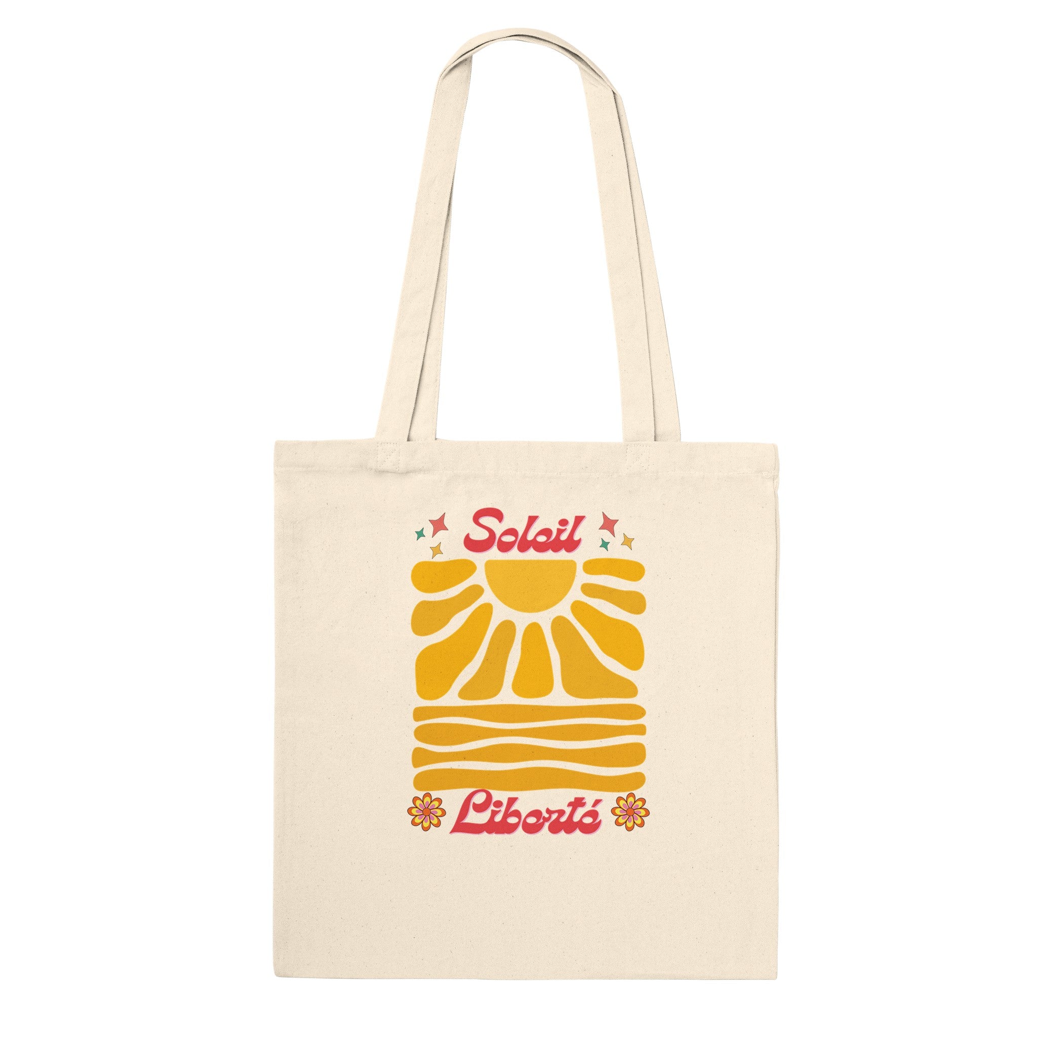 Tote bag en toile naturelle à anses, imprimé soleil jaune et “Liberté”