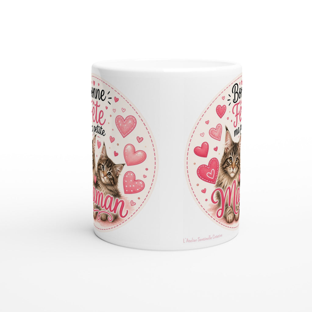 Mug blanc vue latérale avec chatons, cœurs roses et texte « Bonne Fête ma petite »