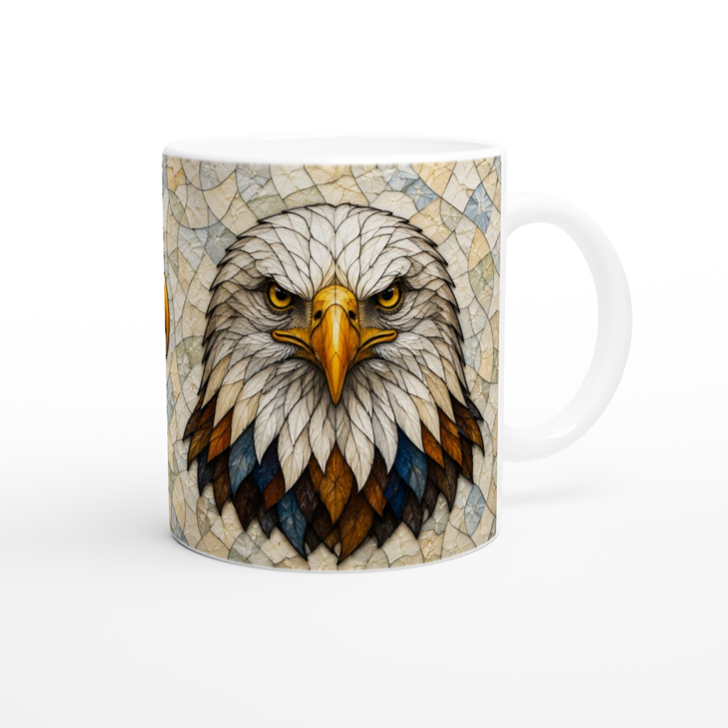 Tasse en céramique blanche avec motif tête d’aigle détaillé, anses blanches