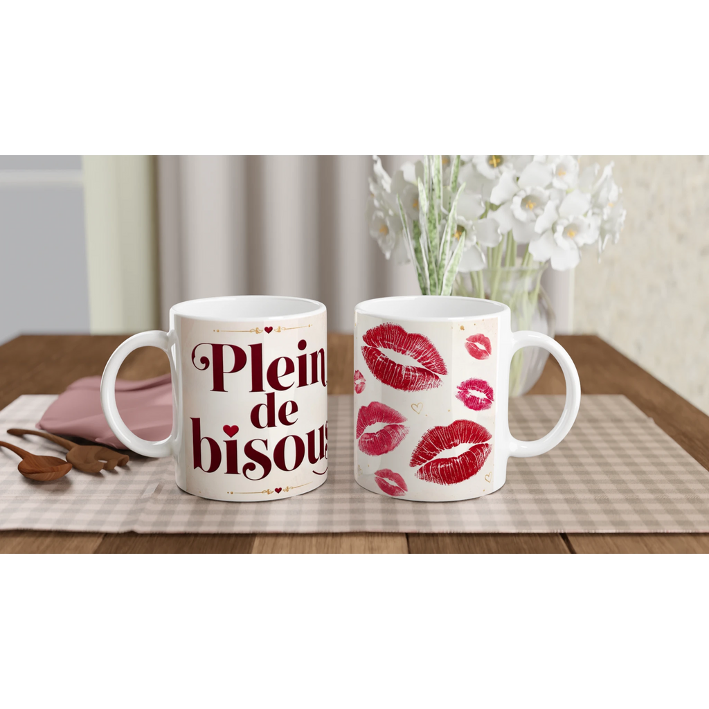 2 mugs en céramique blanc : « Plein de bisous » et motif de lèvres rouges