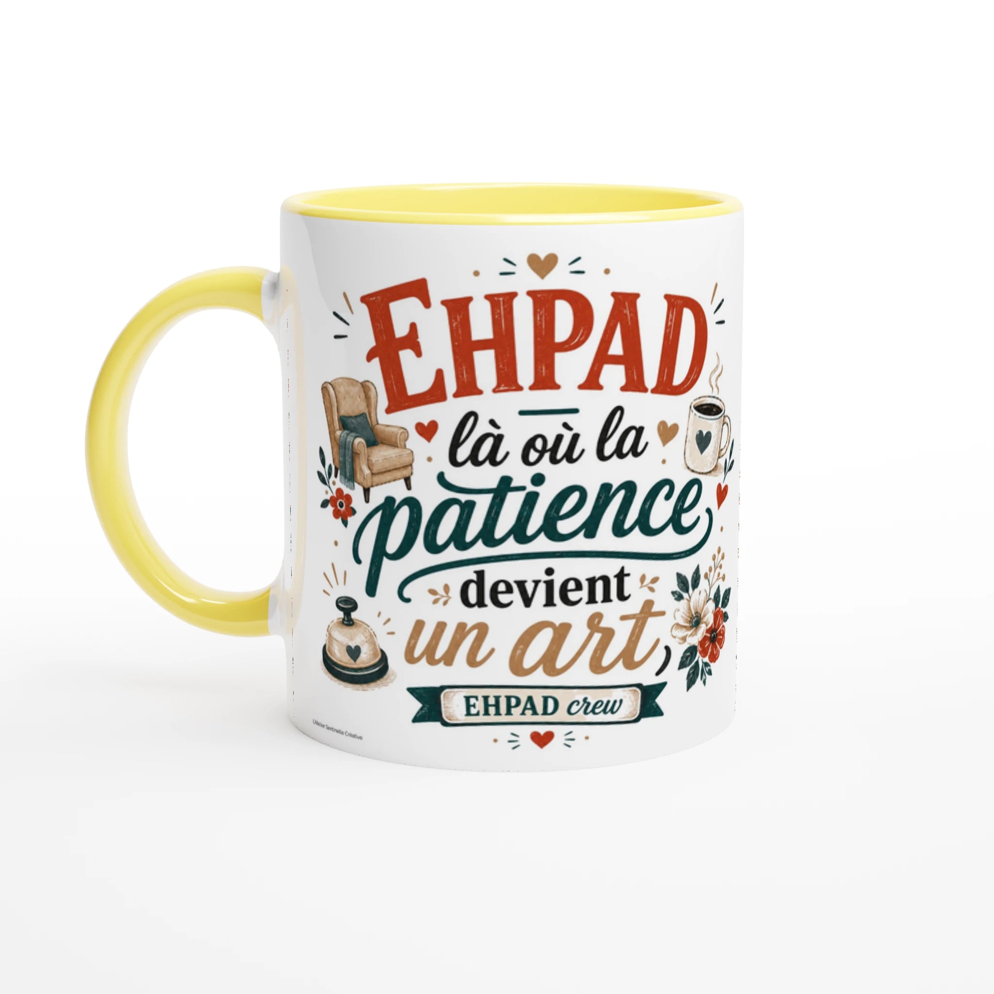 Mug en céramique blanche à anse jaune, intérieur jaune, motif EHPAD