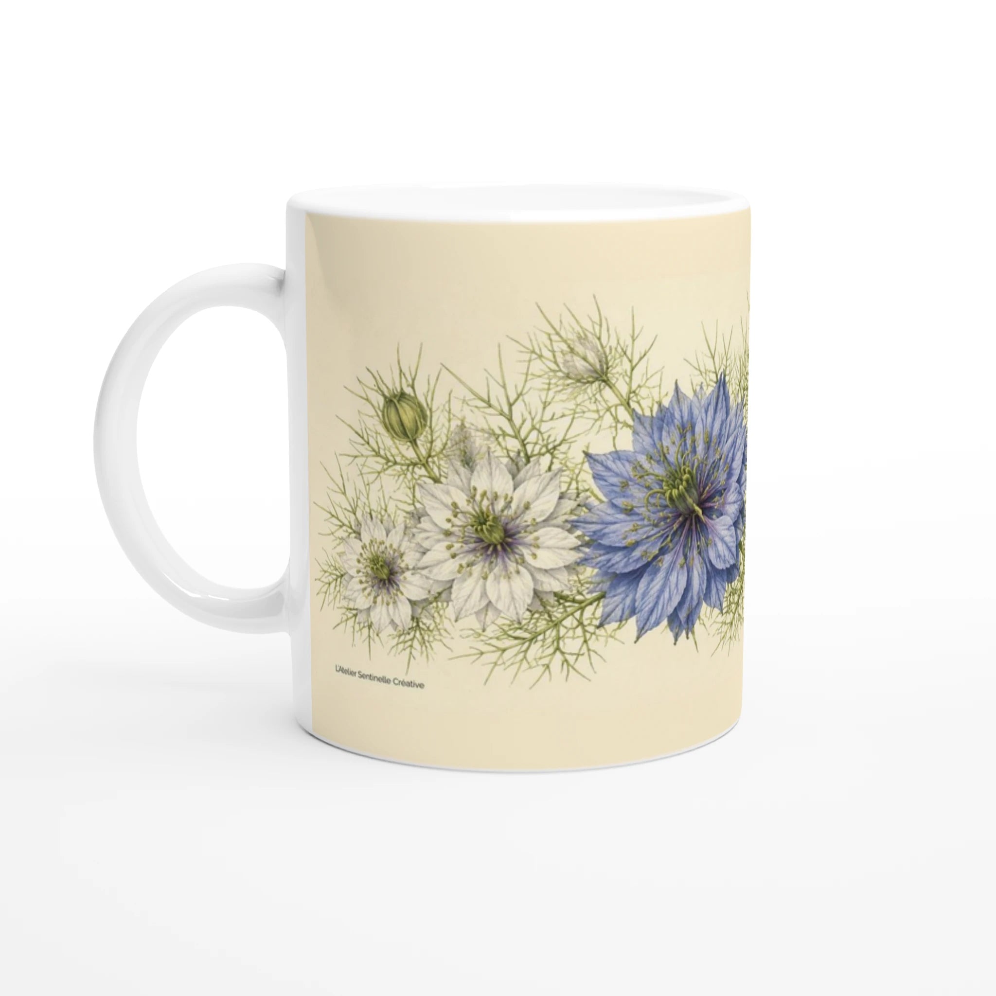 Mug en céramique blanc brillant à fleurs bleues et blanches