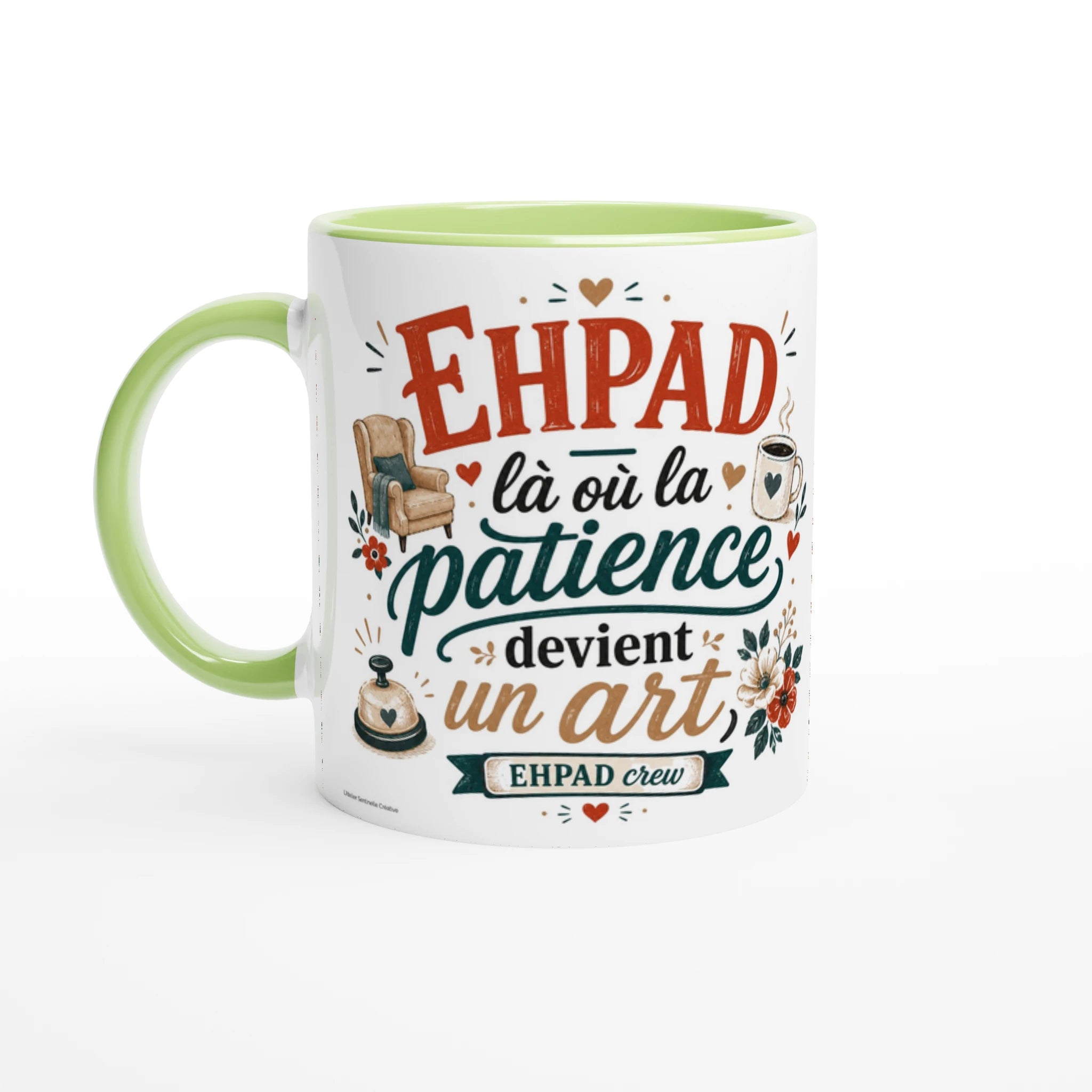 Mug en céramique blanche à anse verte, intérieur vert, motif EHPAD