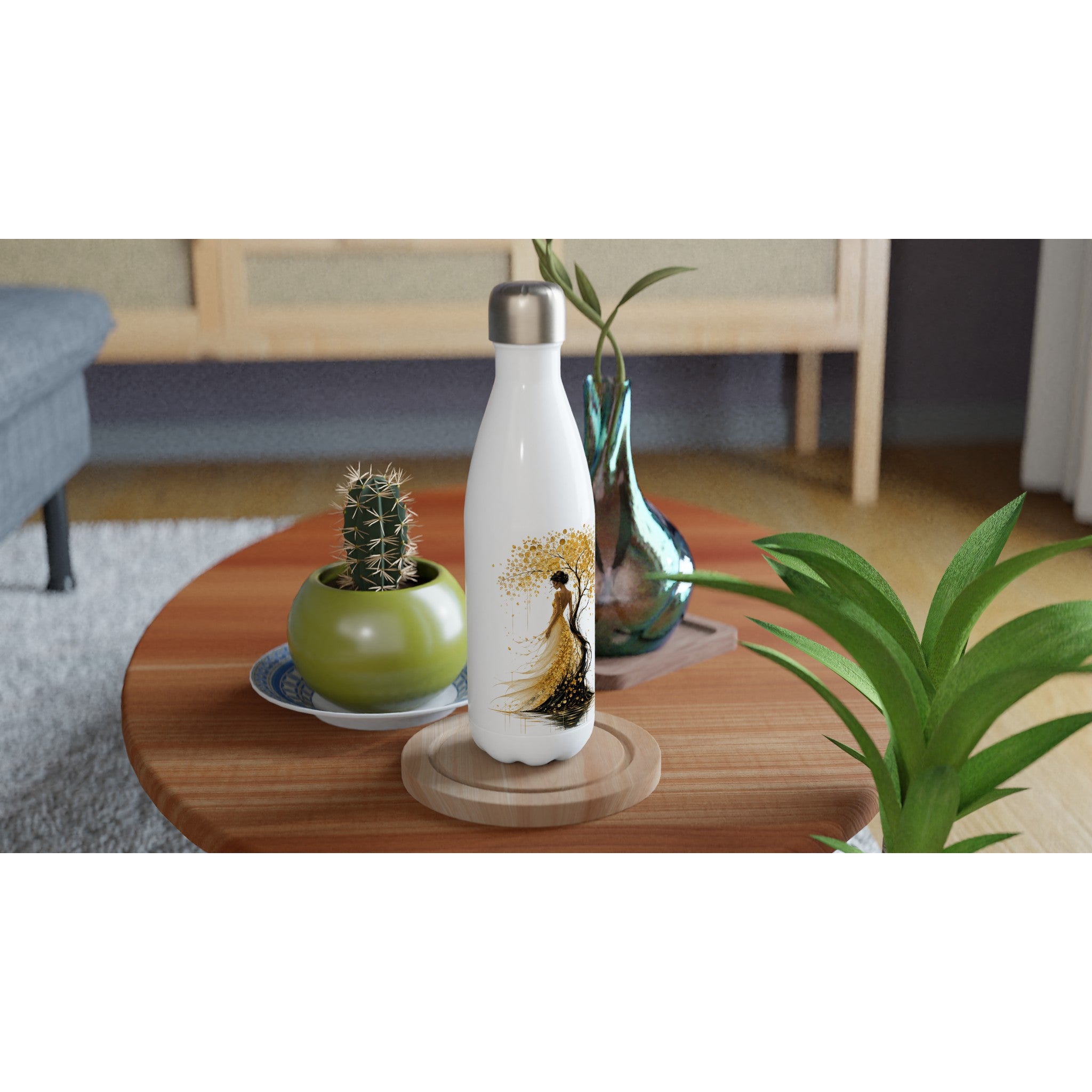 Bouteille isotherme blanche avec bouchon doré, motif arbre doré en illustration