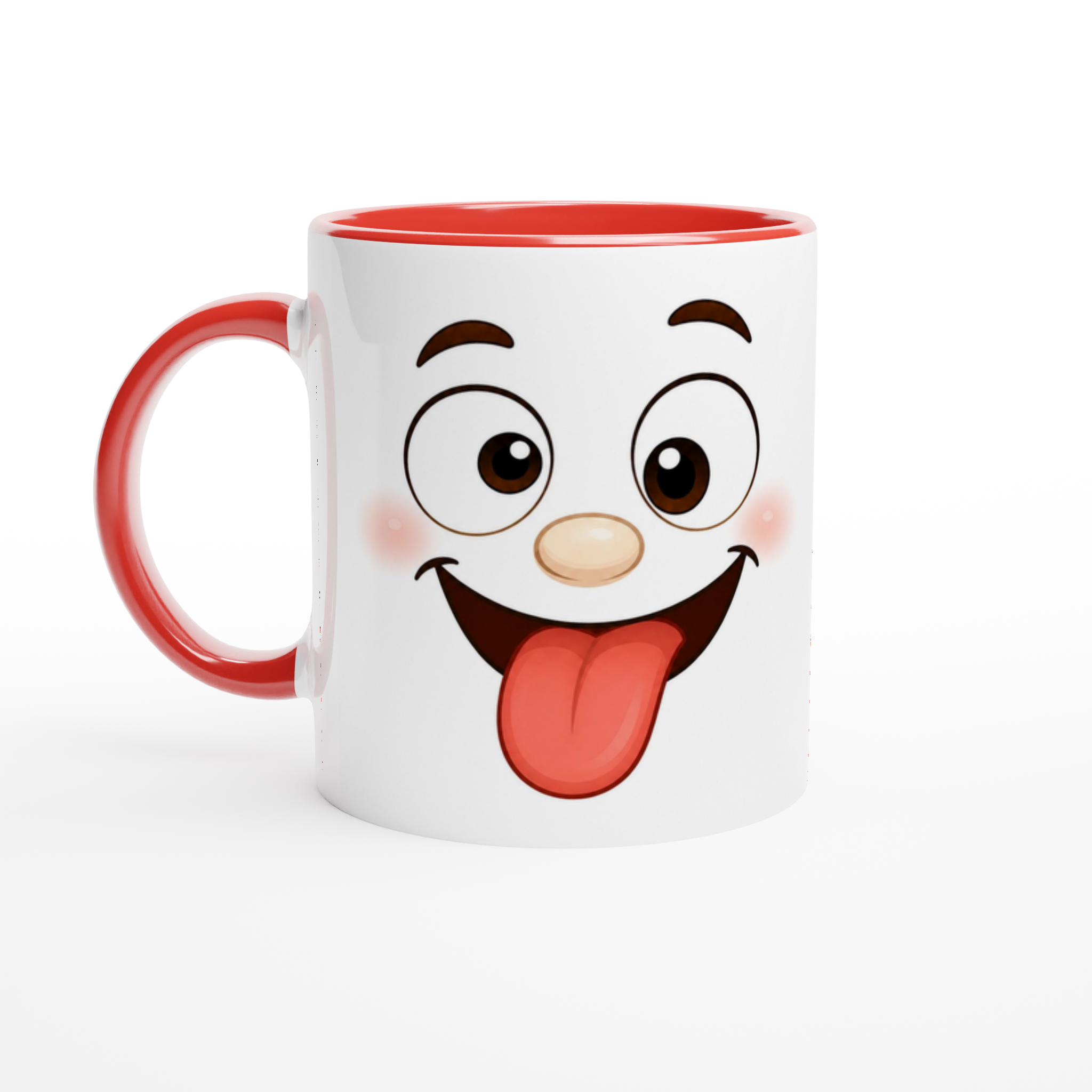 Mug en céramique blanche à poignée rouge, visage cartoon espiègle, intérieur rouge.