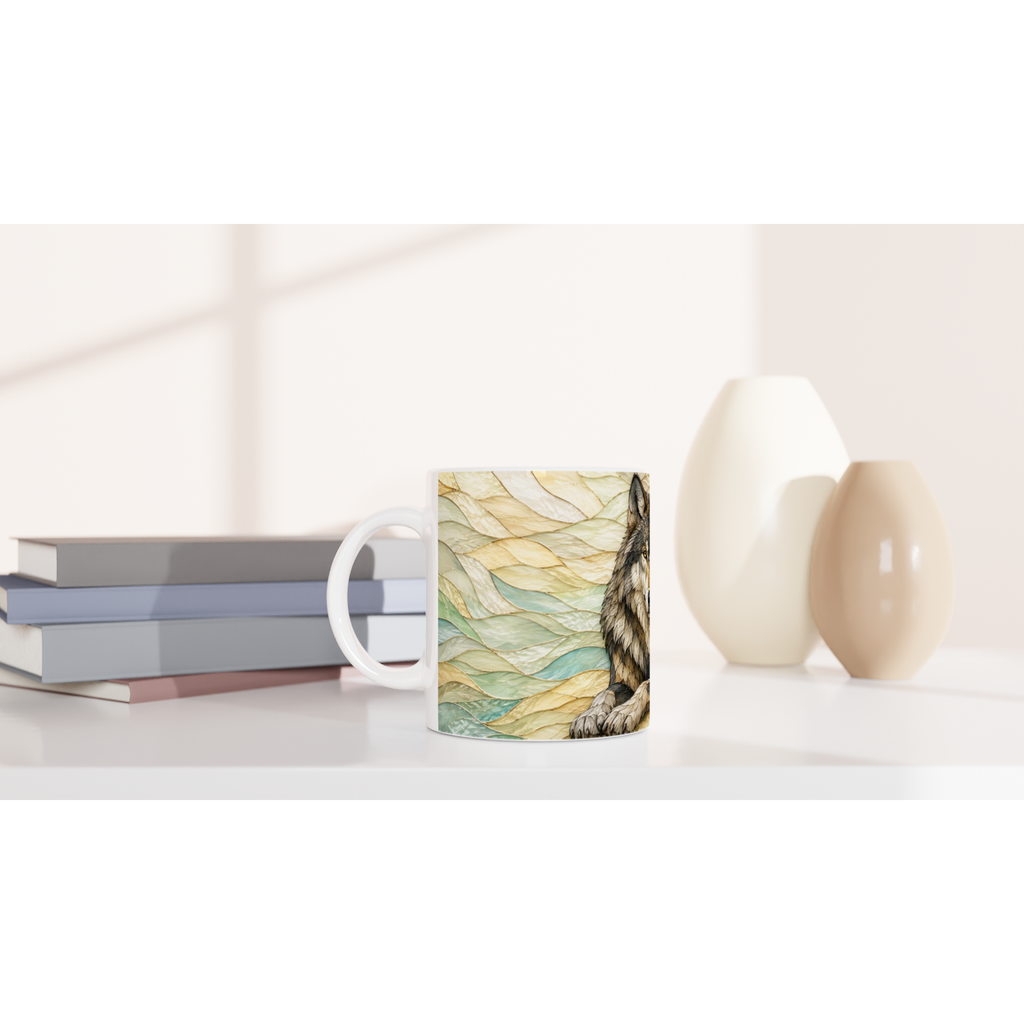 Mug en céramique blanche avec motif de loup sur fond de feuilles et bleu