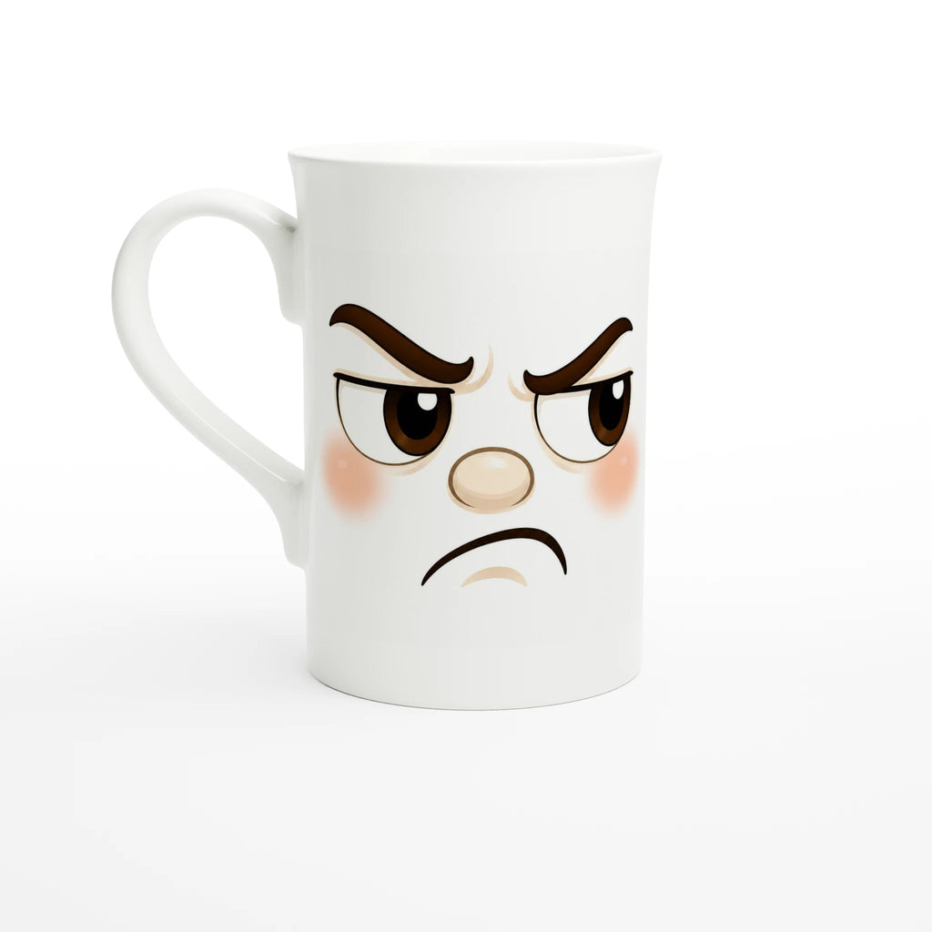 Mug blanc, gros plan du visage grognon avec sourcils et yeux.
