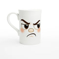 Mug blanc, gros plan du visage grognon avec sourcils et yeux.