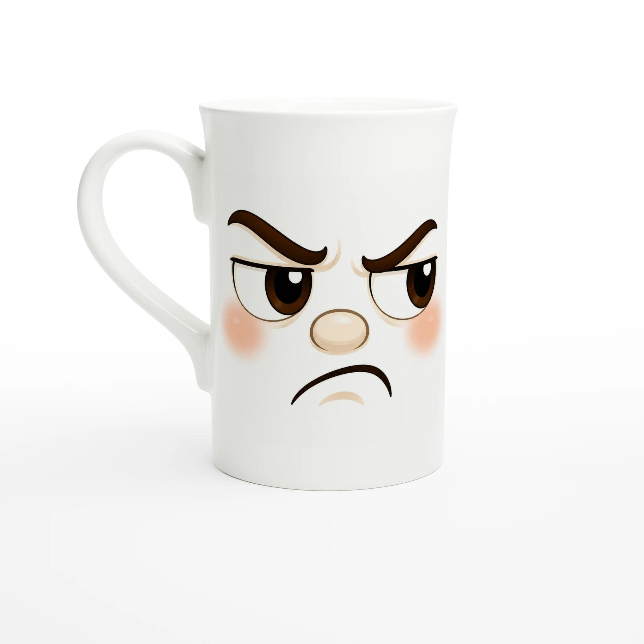 Mug blanc, gros plan du visage grognon avec sourcils et yeux.