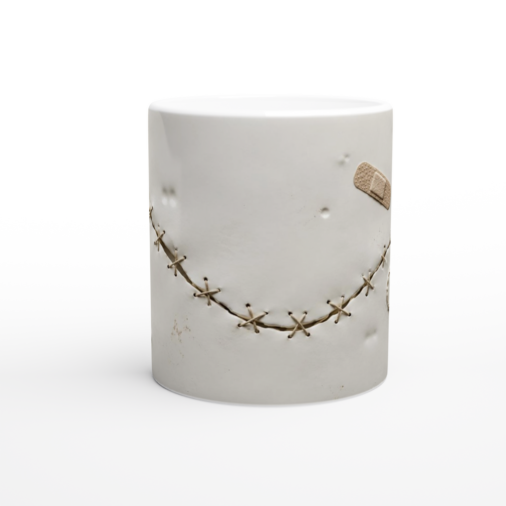 Mug en céramique blanche avec couture courbe façon sutures et petits patchs au décor.