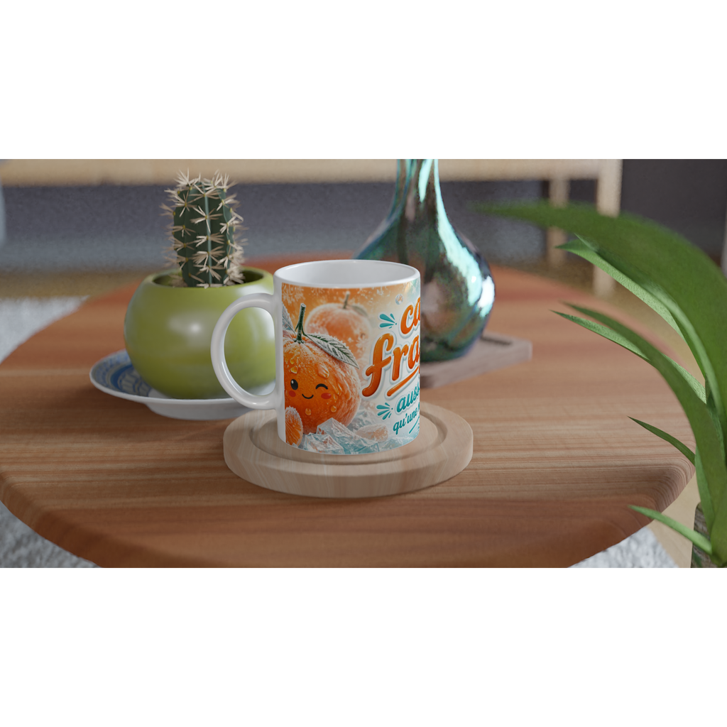Mug en céramique blanc, motif mandarine et texte « Café Frappé »