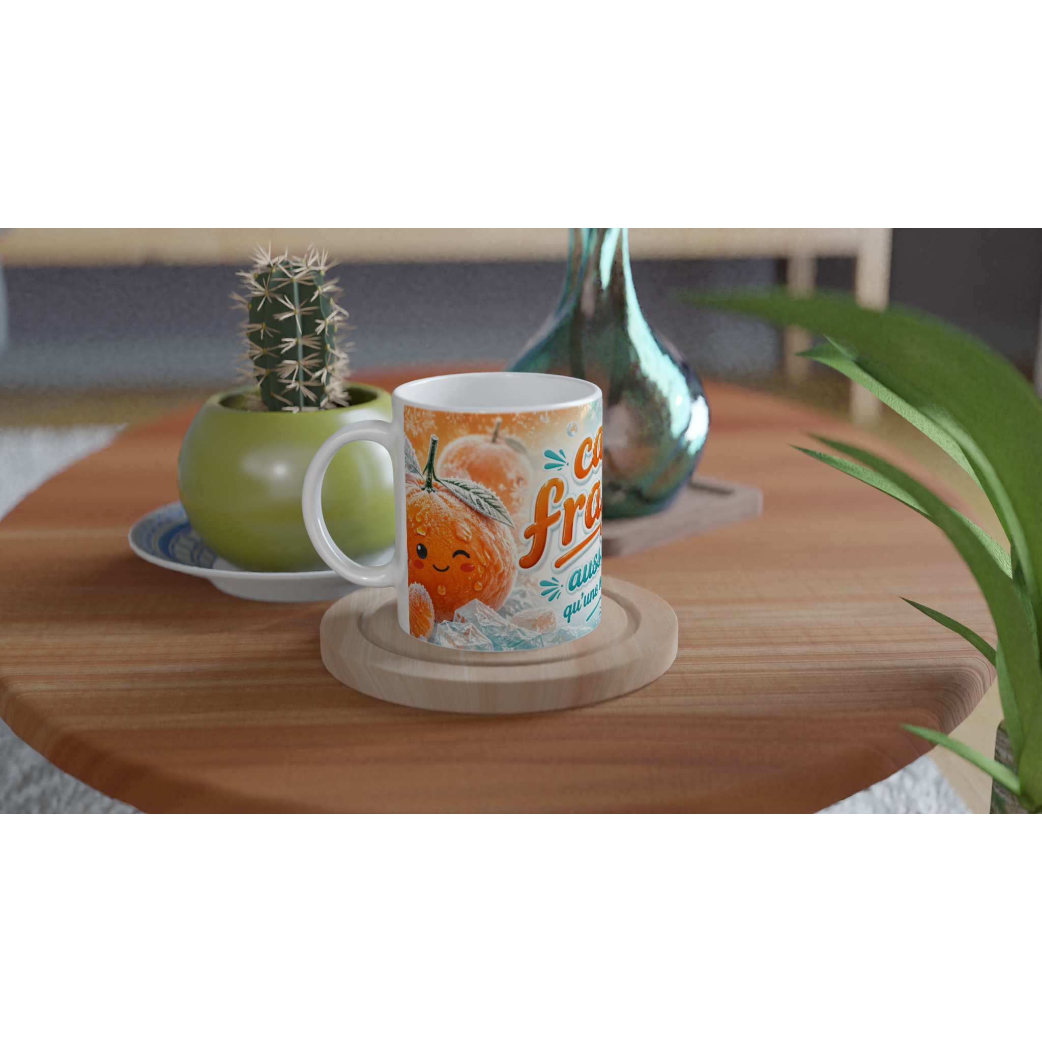 Mug en céramique blanc, motif mandarine et texte « Café Frappé »