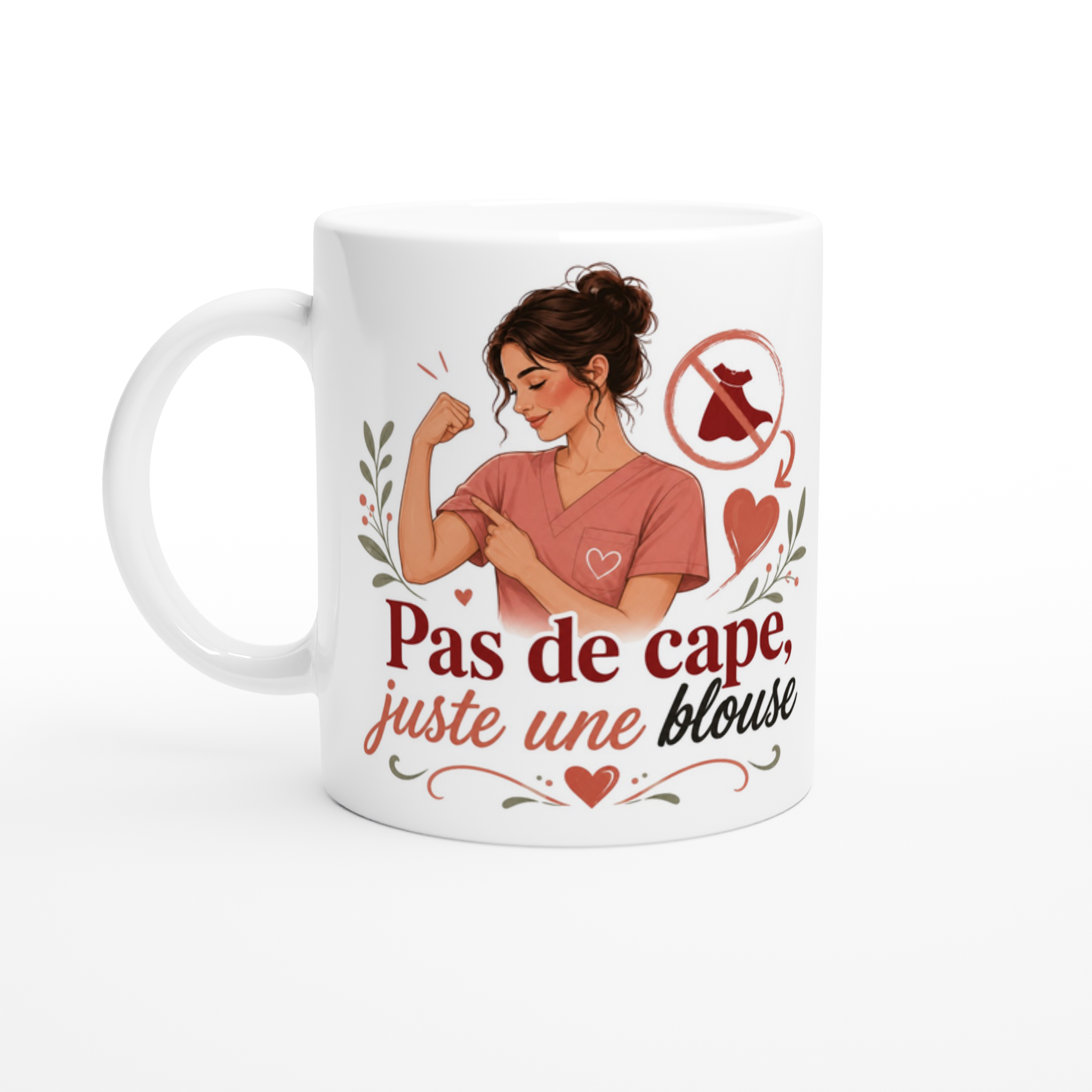 Mug en céramique blanc, illustration femme avec texte décoratif en rouge