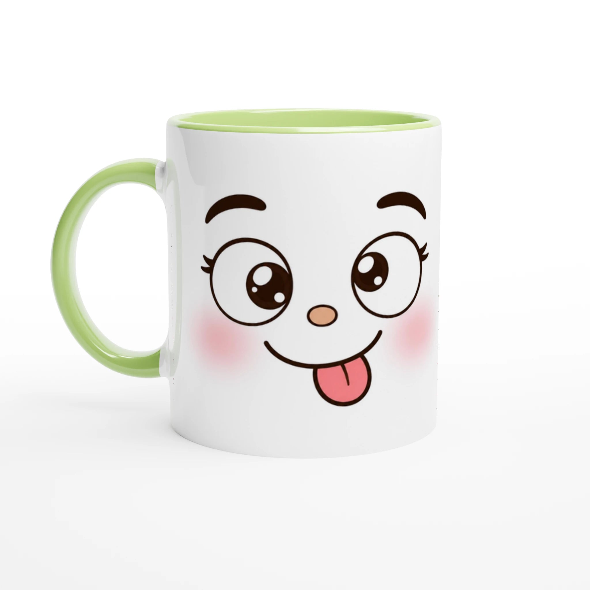Mug en céramique bicolore à face de panda, anse verte et intérieur vert, corps blanc