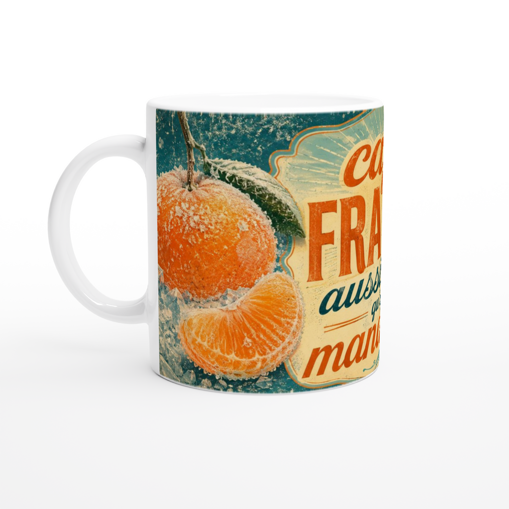 Mug en céramique blanche avec gros motif de mandarine orange, fond vert
