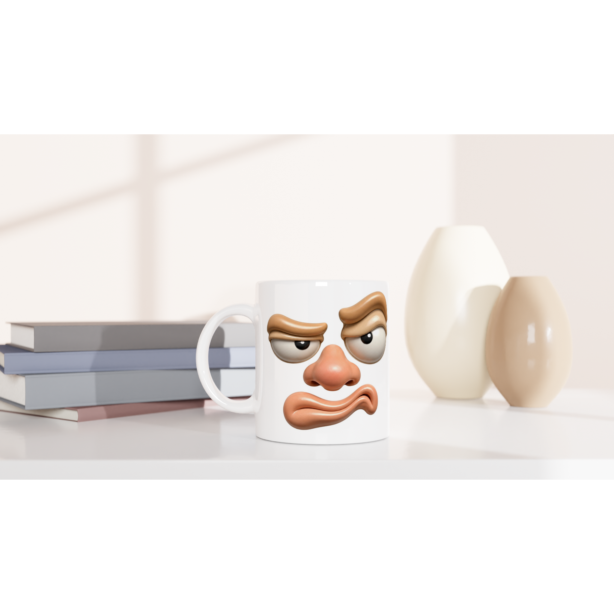 Mug blanc au visage grognon, impression avant avec nez rose et moustache bombée.