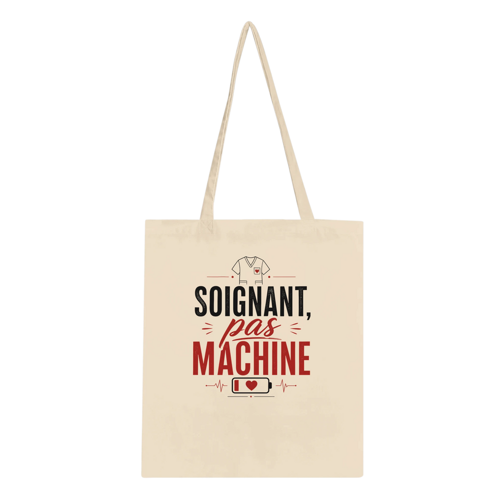 Tote bag en toile écru, anses, inscription rouge et noire « Soignant, pas machine »