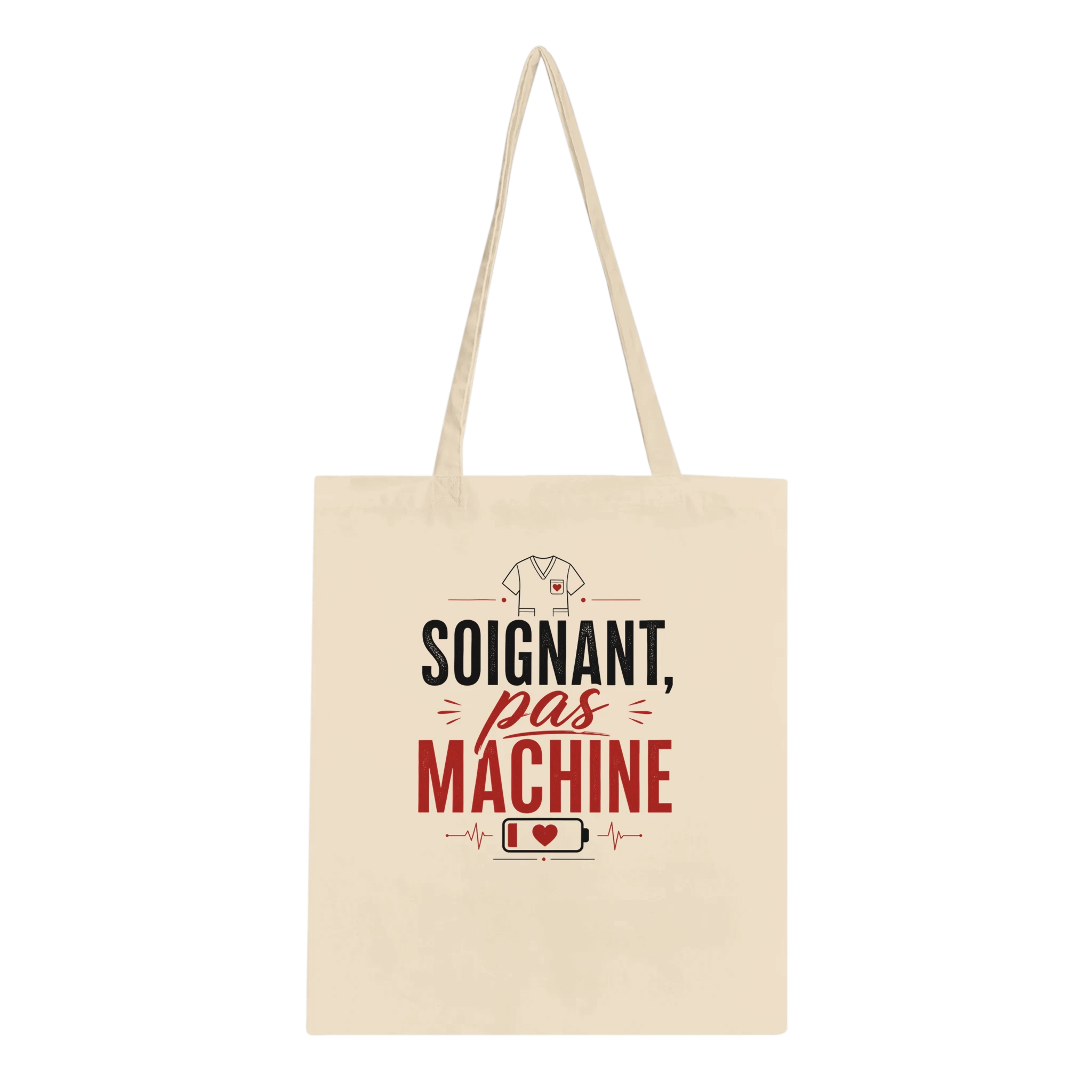 Tote bag en toile écru, anses, inscription rouge et noire « Soignant, pas machine »