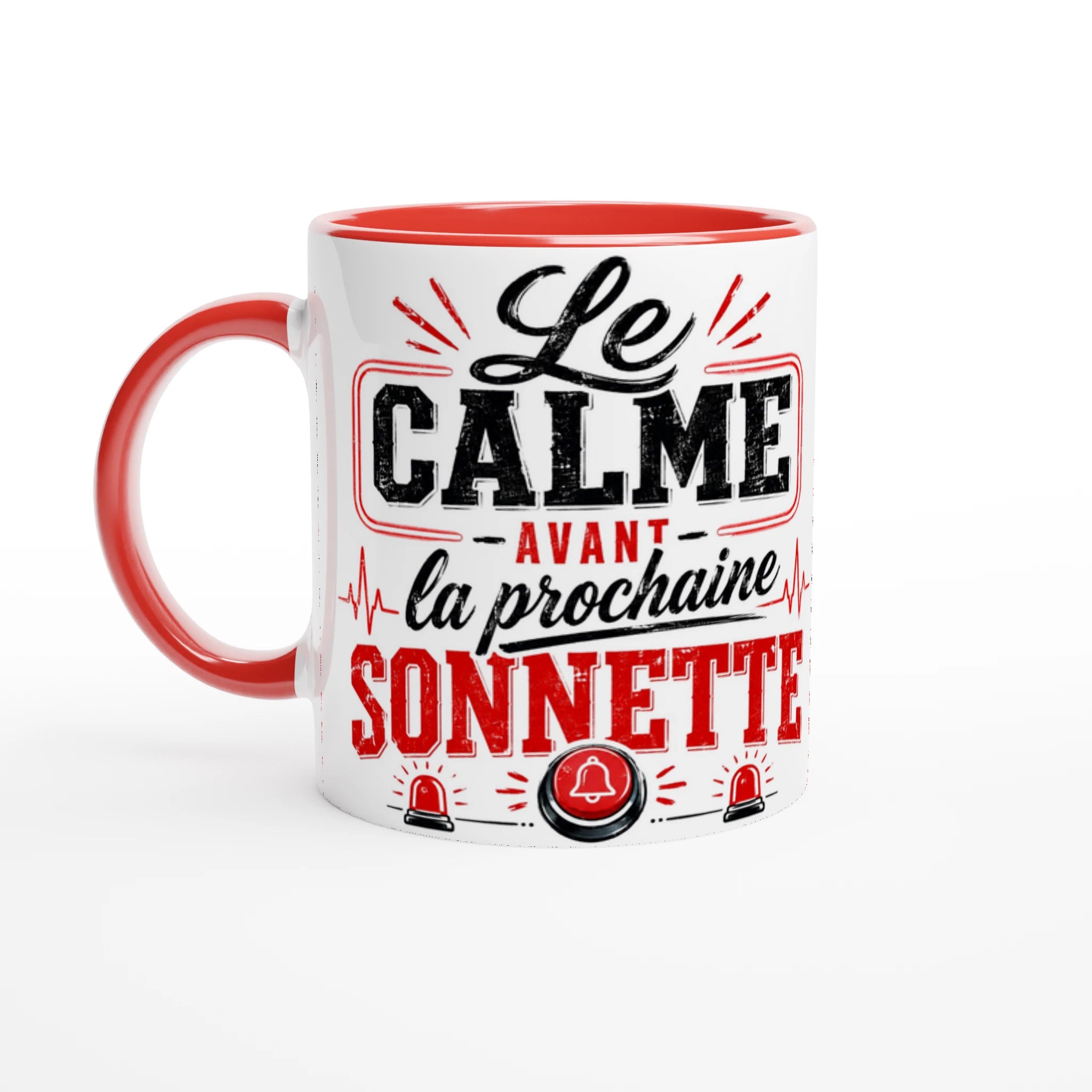 Mug en céramique blanc à anse rouge et bord rouge, motif « Le calme… »