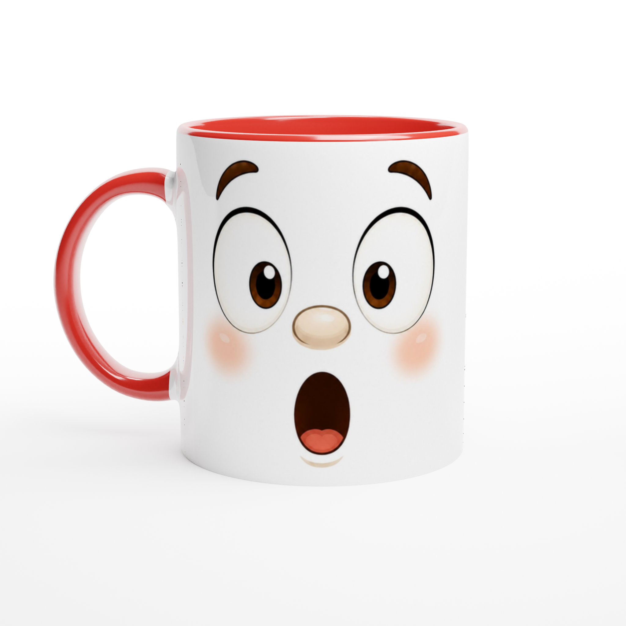 Tasse blanche en céramique, anse et bord rouge, grand visage Kawaii bouche ouverte.