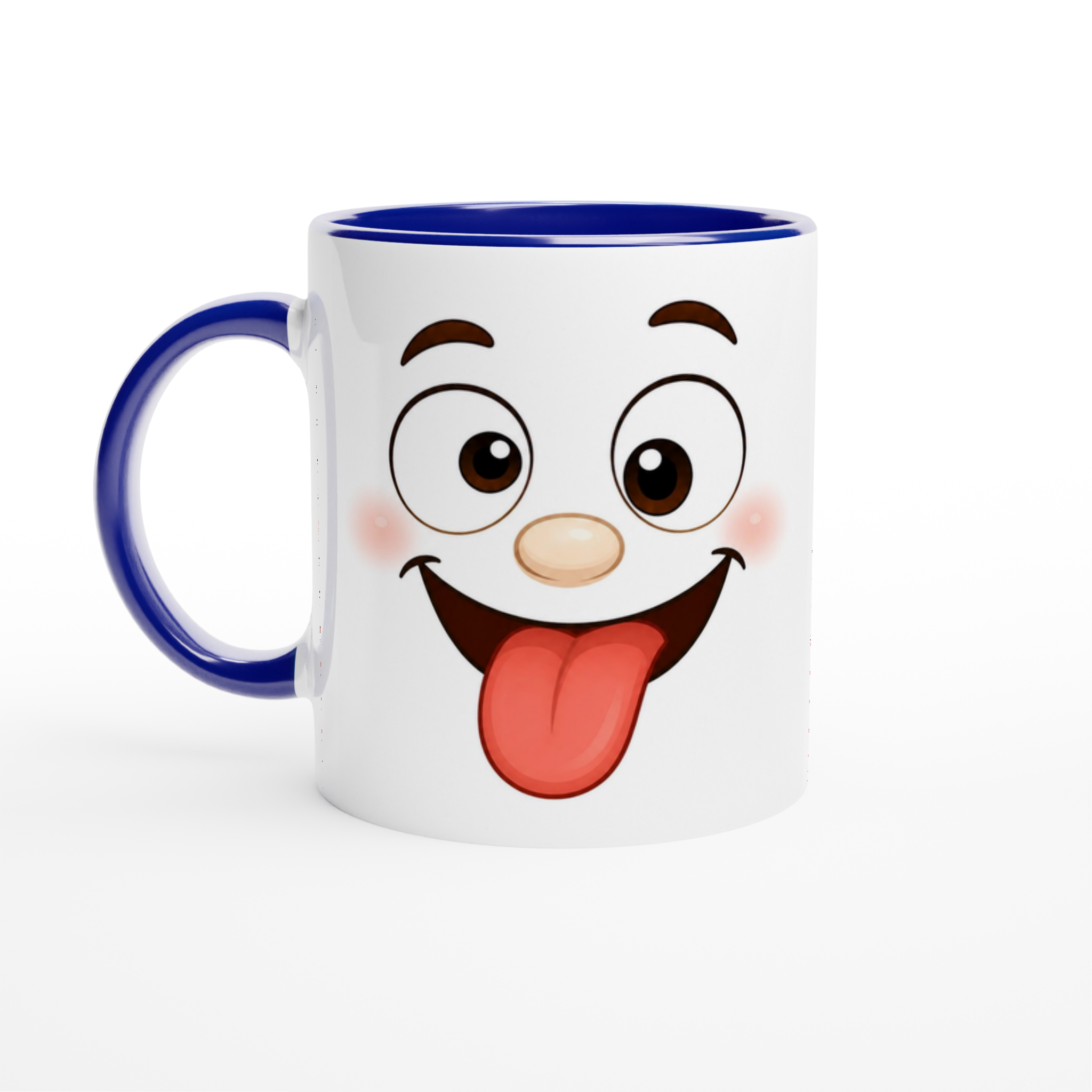 Mug en céramique blanche au visage souriant avec langue, anse bleue