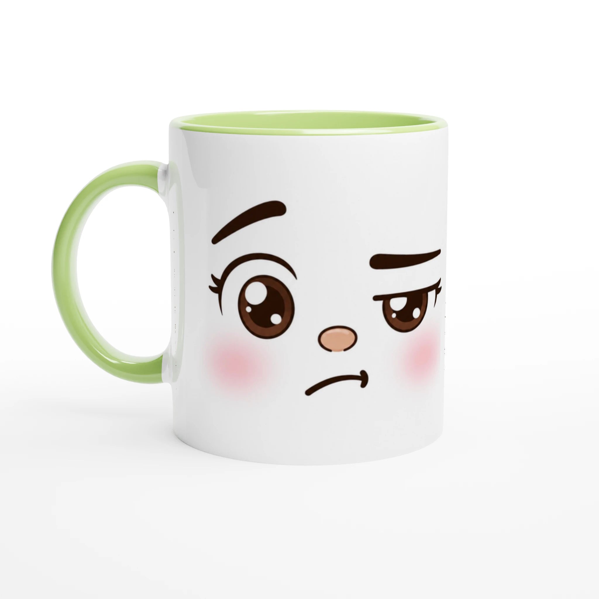 Mug en céramique blanche à visage kawaii boudeur, anses vert clair et bord intérieur vert