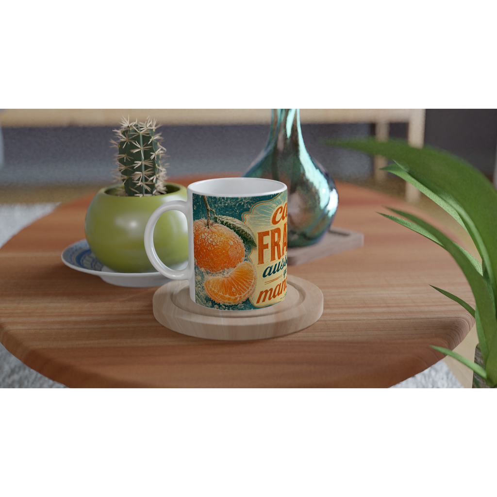 Mug blanc imprimé mandarine orange, motif rétro vert et orange