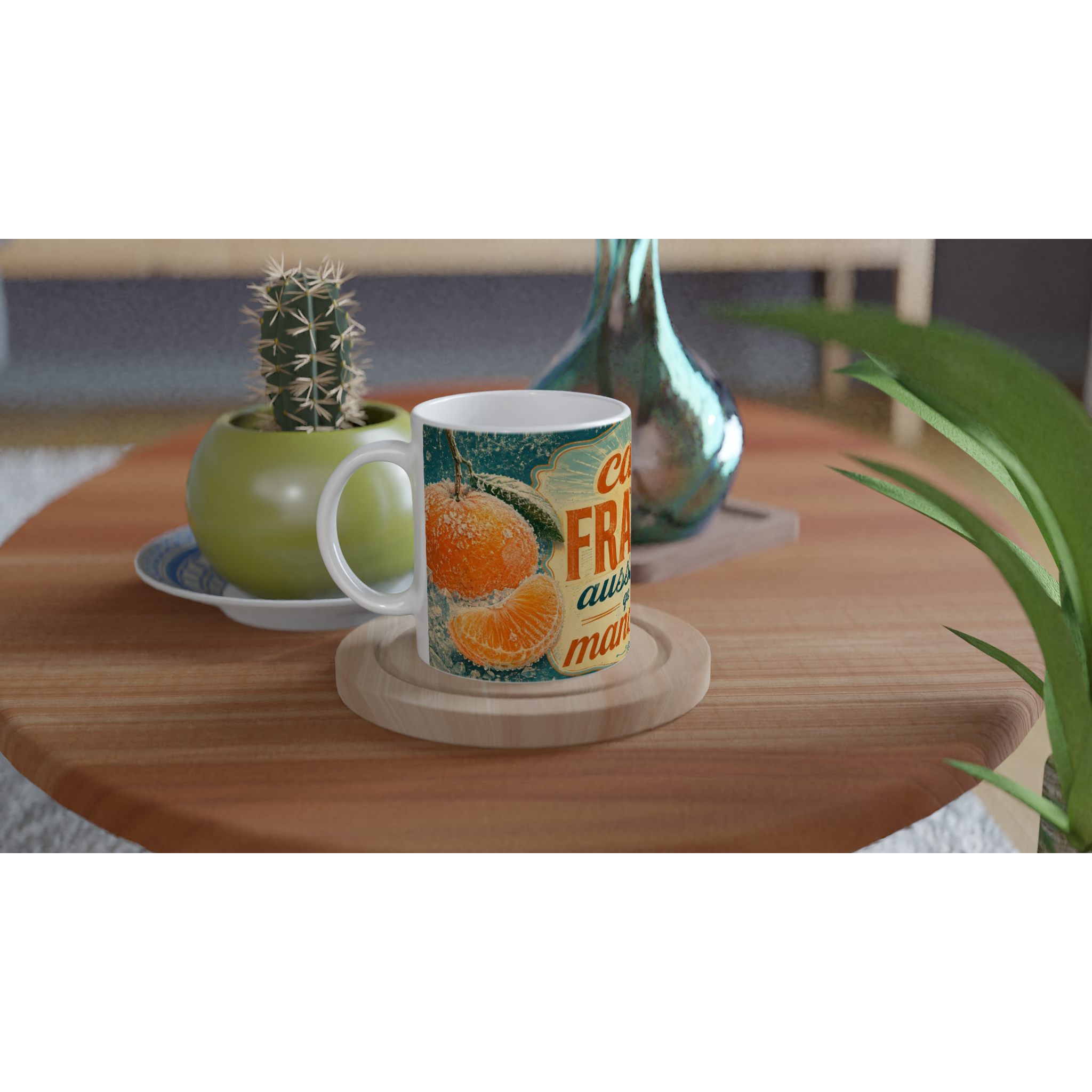 Mug blanc imprimé mandarine orange, motif rétro vert et orange