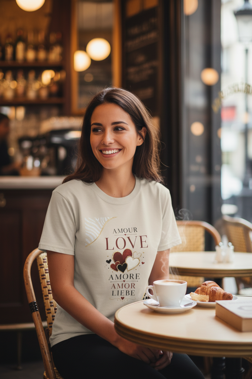 T-shirt femme blanc cassé à manches courtes, imprimé “AMOUR LOVE AMORE”.