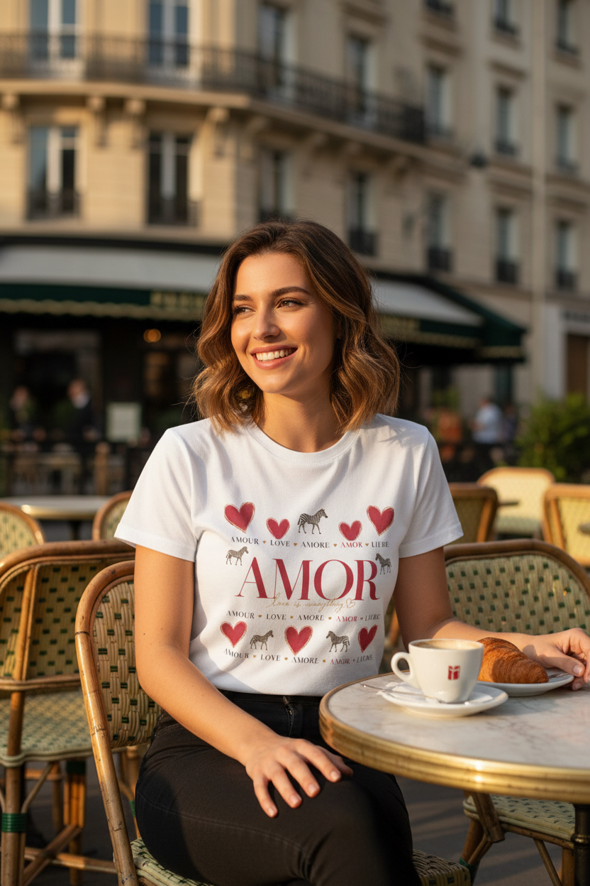 T-shirt blanc à imprimé « AMOR » et cœurs, manches courtes
