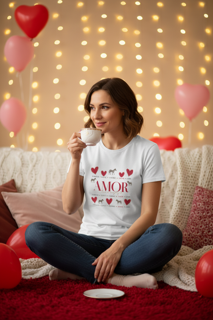 T-shirt blanc à imprimé « AMOR » et cœurs rouges, coupe manches courtes