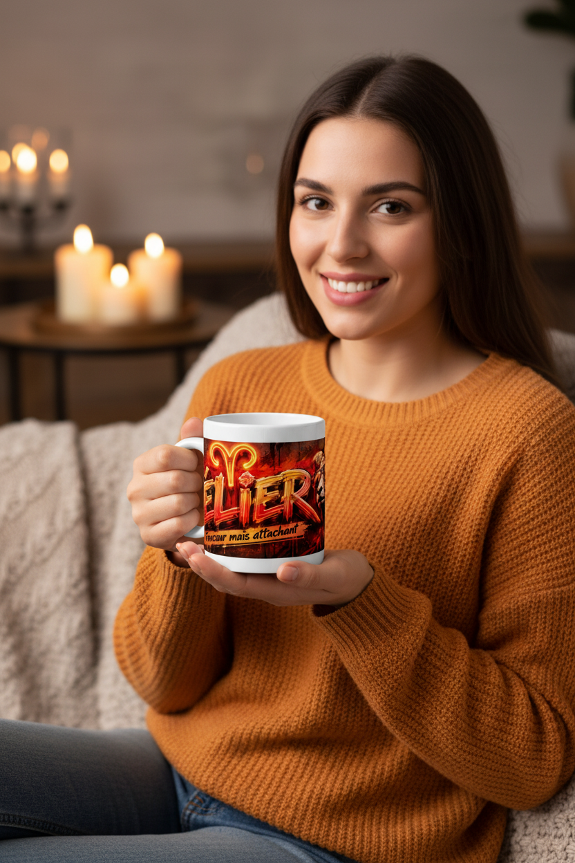 Mug blanc avec visuel rouge et lettres « LIER », tenu en pull ocre