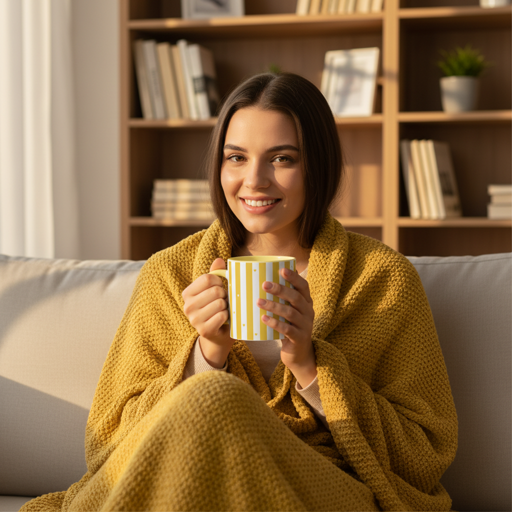 Femme canapé mug rayures jaunes