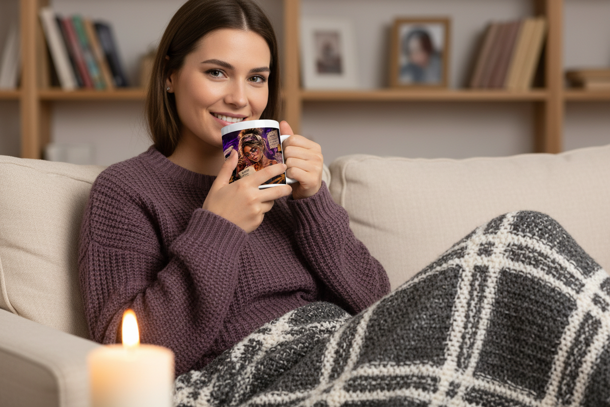 Mug blanc tenu en main, impression violette « Vierge perfectionniste en panique »