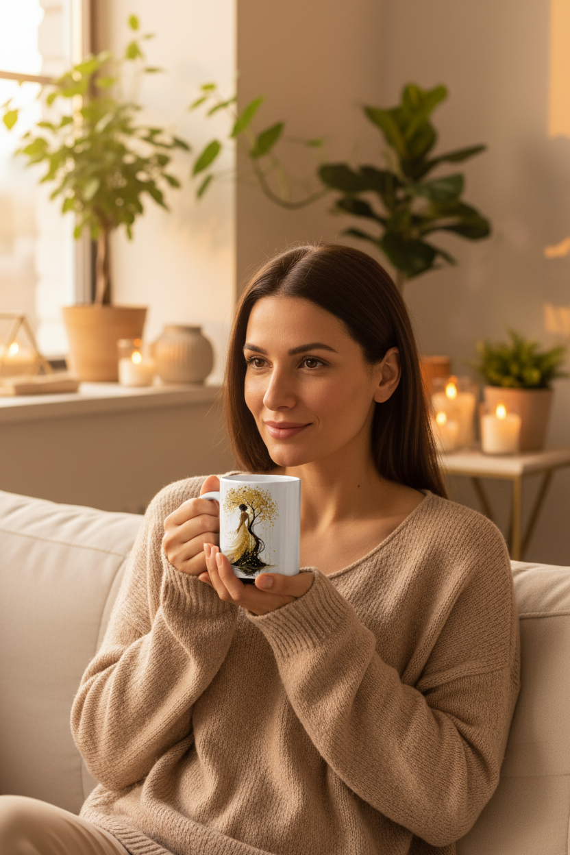 Mug blanc avec dessin doré d’un arbre, tenu en main