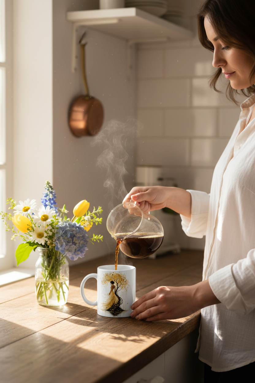 Mug blanc à motif femme et arbre doré, boisson versée à partir d’une carafe