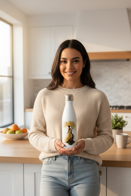 Bouteille isotherme blanche avec bouchon doré et motif arbre doré sur la face