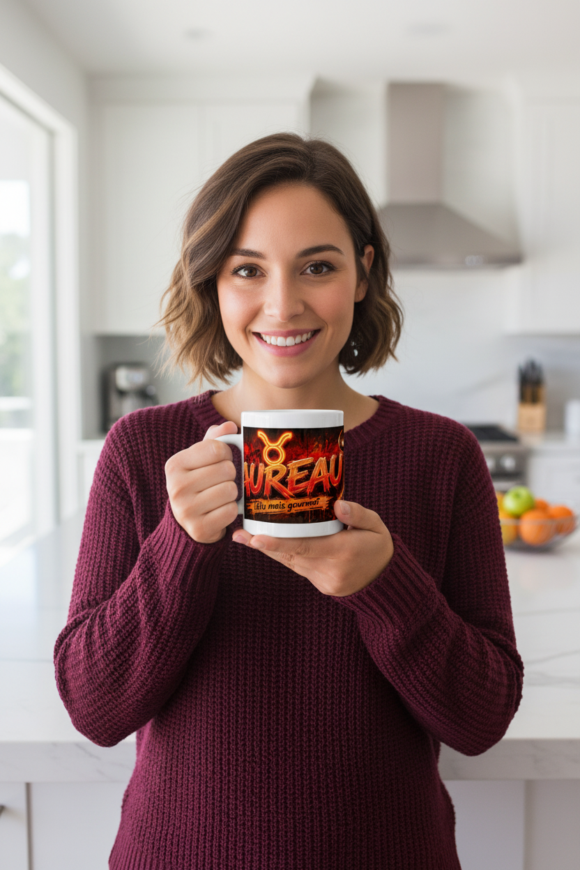 Tasse en céramique blanche avec motif taureau et texte « Têtu mais gourmet »