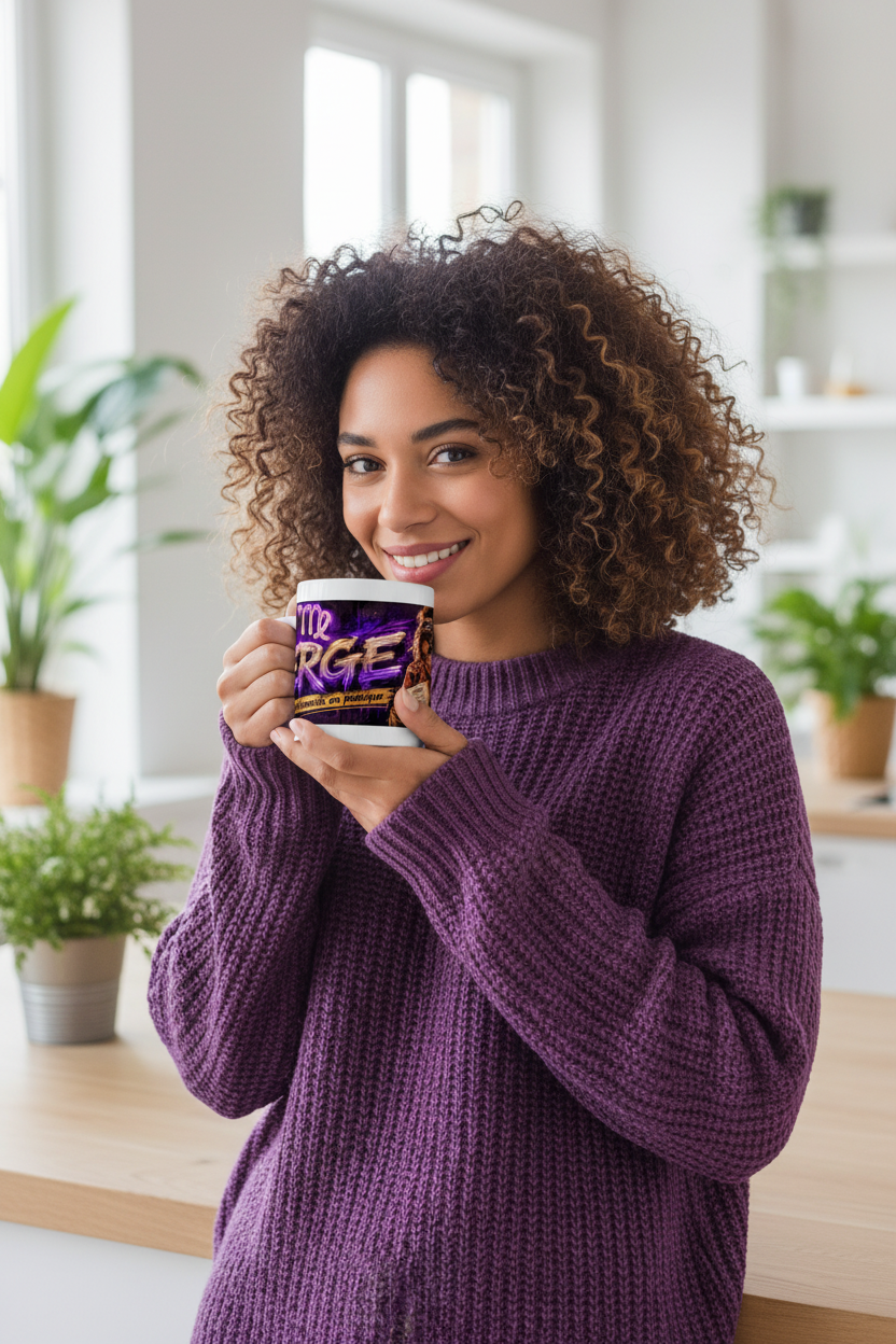 Mug blanc tenu, impression violette « Vierge perfectionniste en panique »