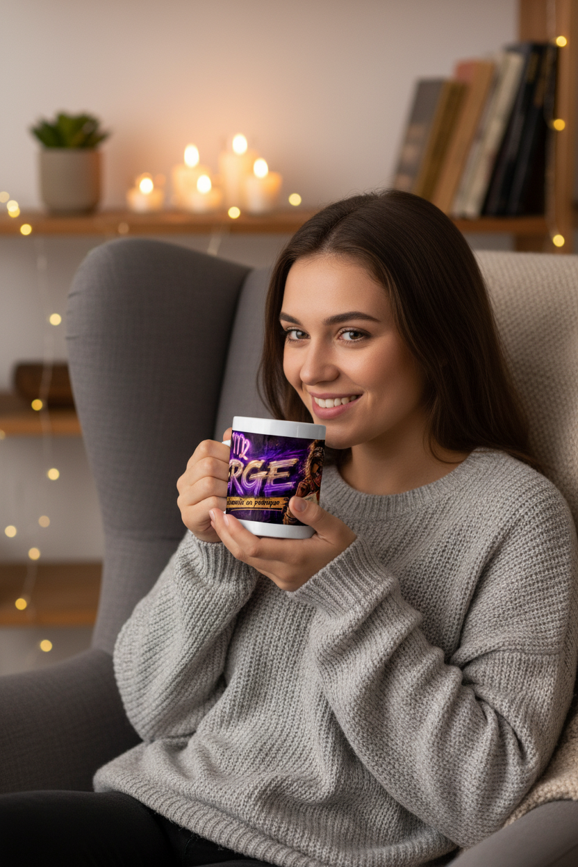 Mug blanc tenu, impression violette et dorée « Vierge »