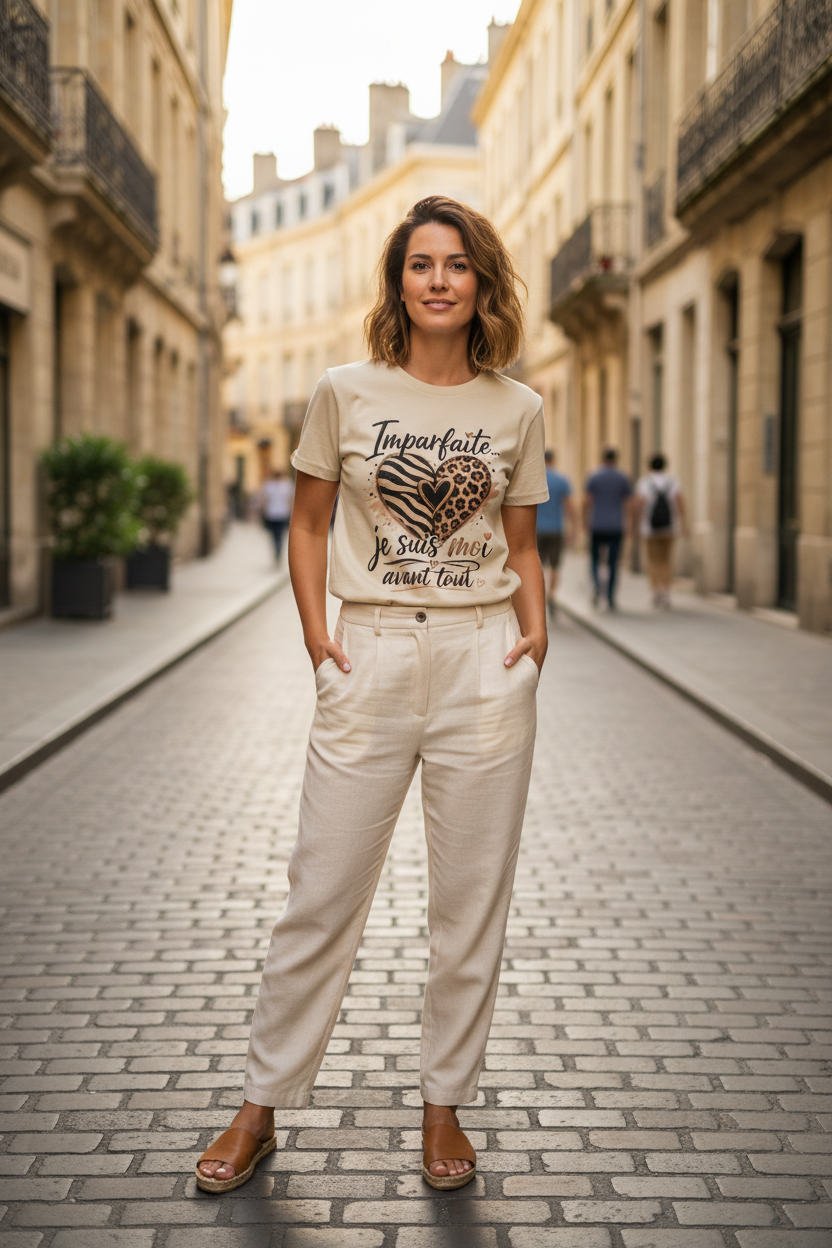 T-shirt femme Imparfaite blanc cassé, cœur léopard et slogan « je suis moi avant tout »