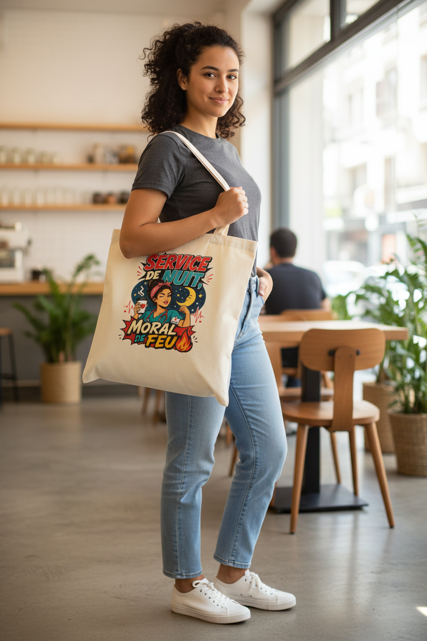 Tote bag beige avec anses et impression Service de Nuit Moral de Feu