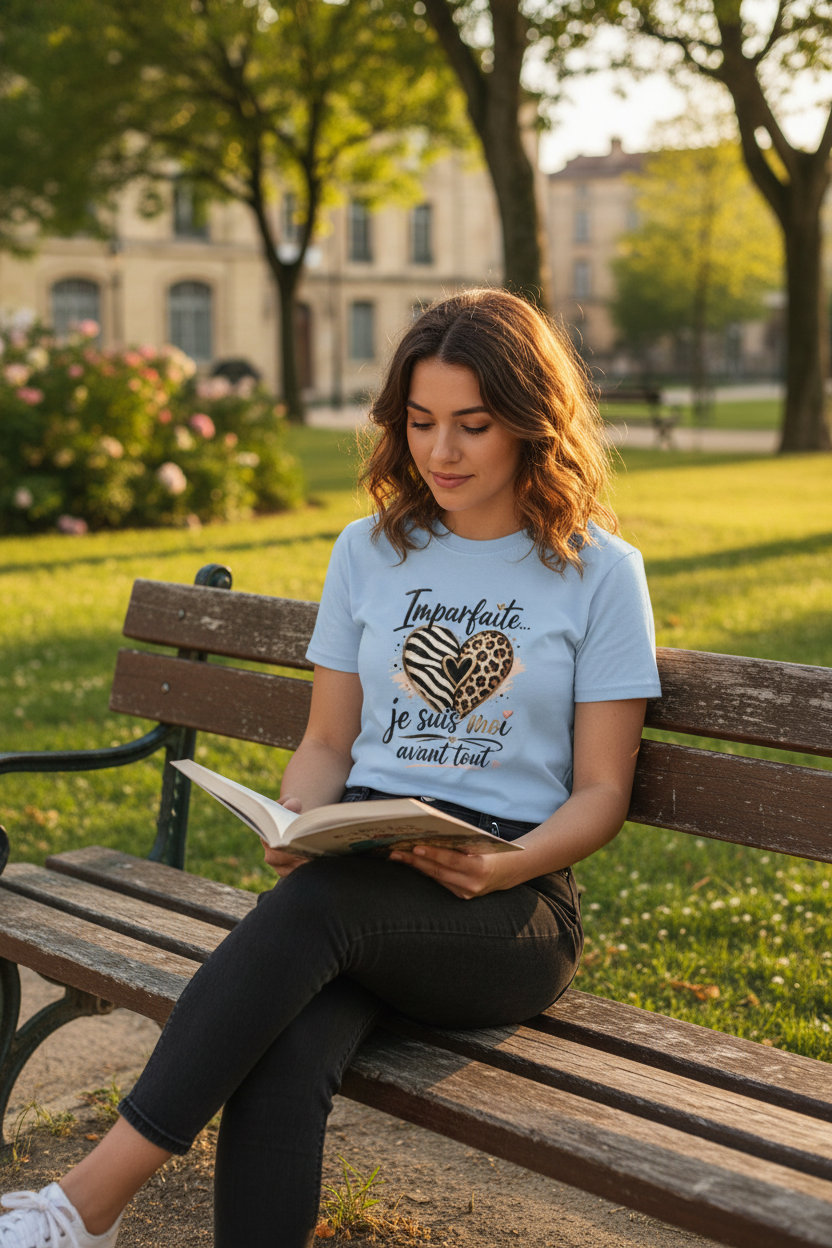T-shirt femme Imparfaite bleu clair, imprimé cœur et slogan « je suis moi avant tout »