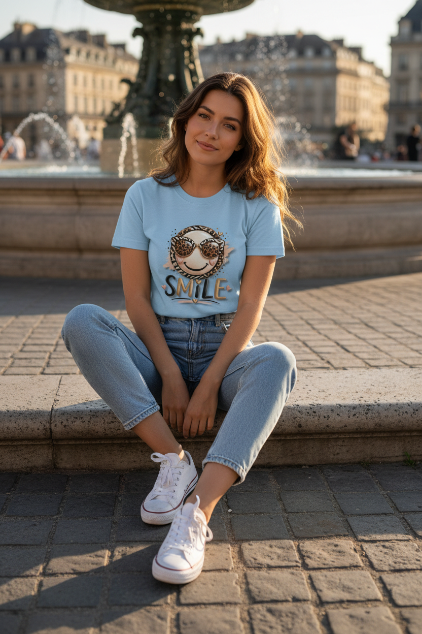 T-shirt femme bleu clair à imprimé smile aux lunettes léopard et texte « SMILE »