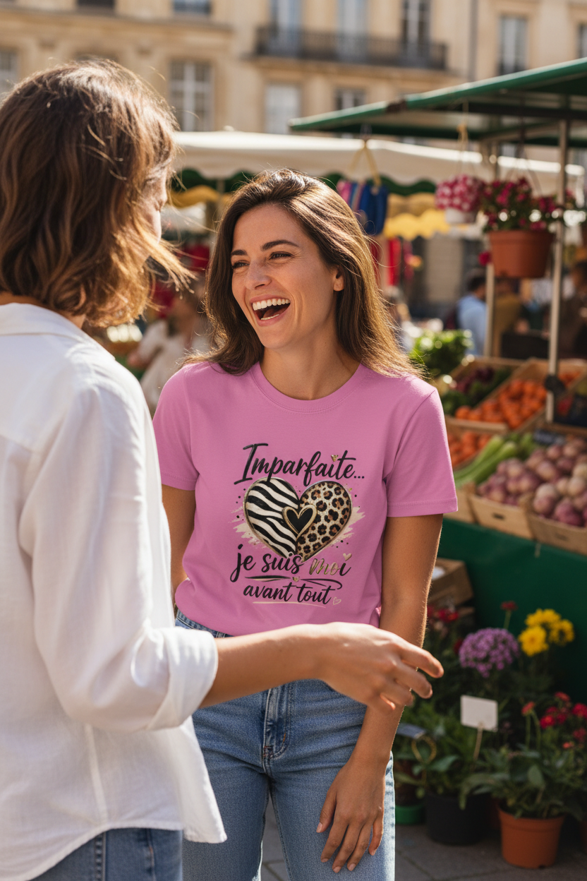 T-shirt femme rose, col rond, imprimé cœur zébré et texte « Je suis moi avant tout »