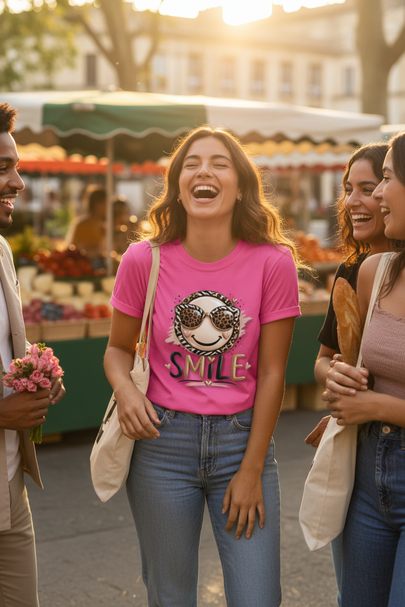 T-shirt femme rose fuchsia à imprimé smile aux lunettes léopard et texte « SMILE »