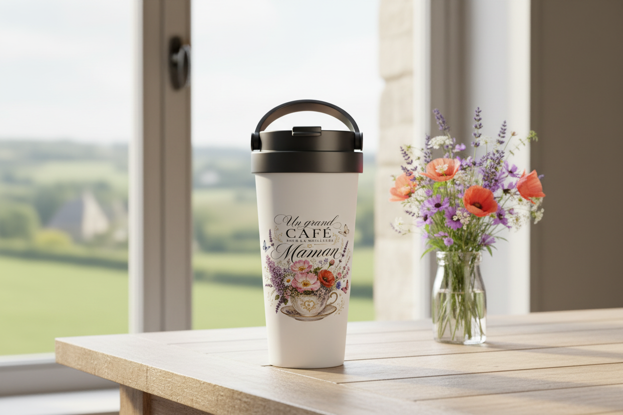 Gobelet thermos blanc avec couvercle noir et visuel « Un grand Café Maman ».