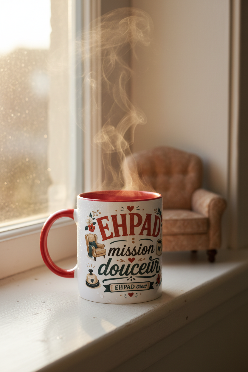Mug blanc à anses rouges, texte « EHPAD mission douceur » sur le devant.