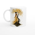 Mug blanc avec illustration femme et arbre doré, anse latérale