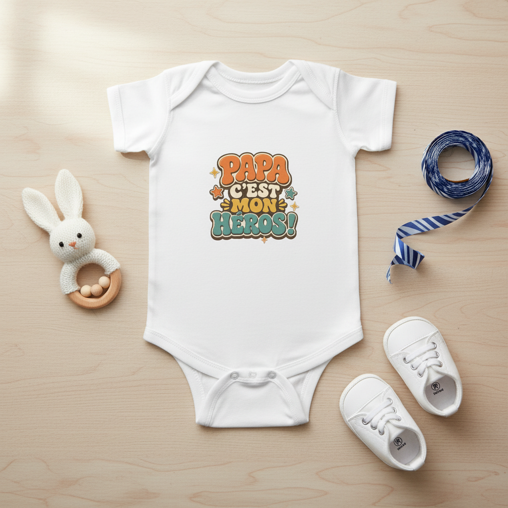 Body bébé blanc avec inscription « Papa c’est mon héros ! », encolure pressionnée